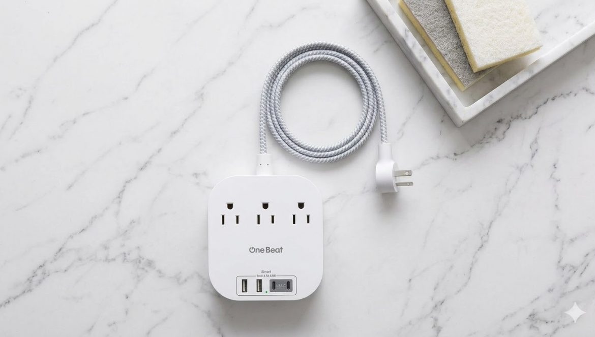 A onebeat power strip charging station placed on a white marble kitchen counter